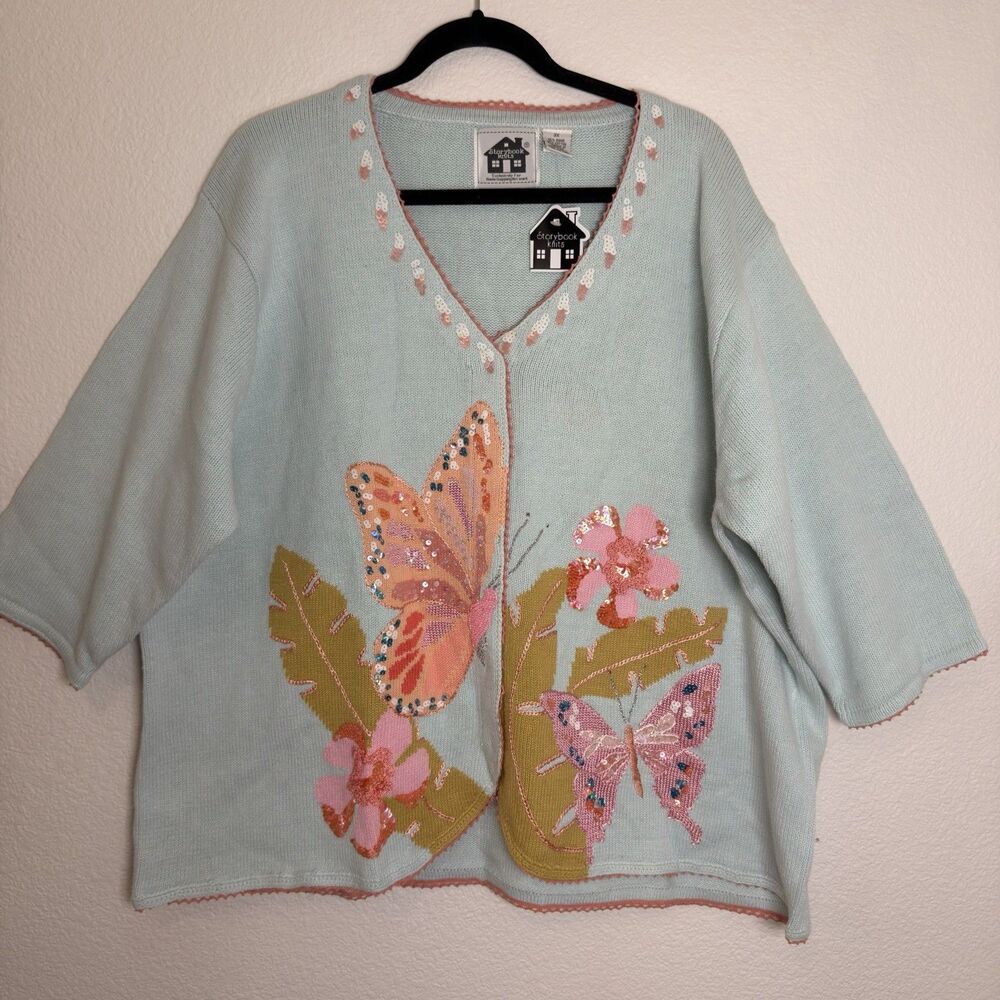 Storybook Knits 3X Tropical Butterfly Cardigan Beaded Sequin Floral Sweater NWT